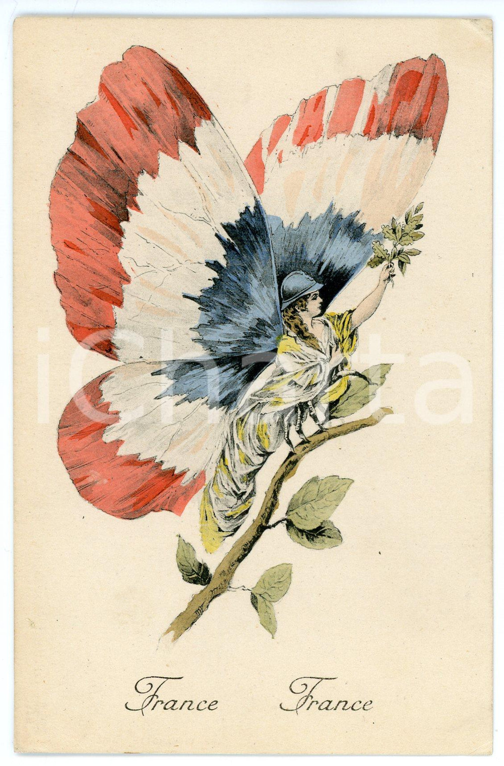 1917 WW1 FRANCE as a butterfly woman - Postcard PROPAGANDA Ed. AUX ALLIES  Cartolina postale d'epoca, di propaganda francese, che rappresentava le nazioni alleate come donne-farfalla.Scritta nel 1917, ma non viaggiata.EDITORE: Aux Alli&eacute;s - Paris GOOD/buono minime smussature angolari Formato: 9x14 cm originale e autentica 1
