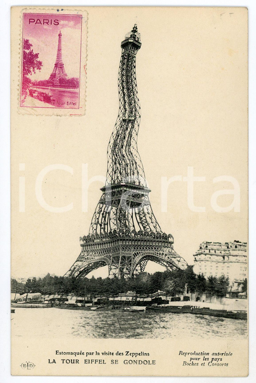 1910 ca SURREALISM - PARIS La Tour Eiffel se gondole - Old postcard  Cartolina postale d'epoca, affrancata al recto, non viaggiata. GOOD/buono  Formato: 9x14 cm originale e autentica 1