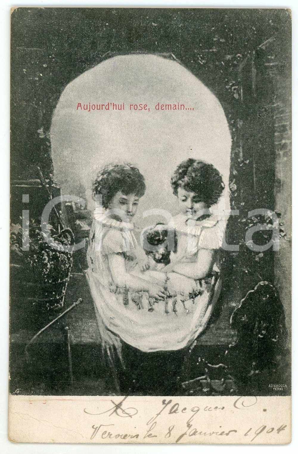 1904 SURREALISM Aujourd'hui rose, demain - Children - Skull Metamorphic postcard  Cartolina postale d'epoca, viaggiata. GOOD/buono  Formato: 9x14 cm originale e autentica 1