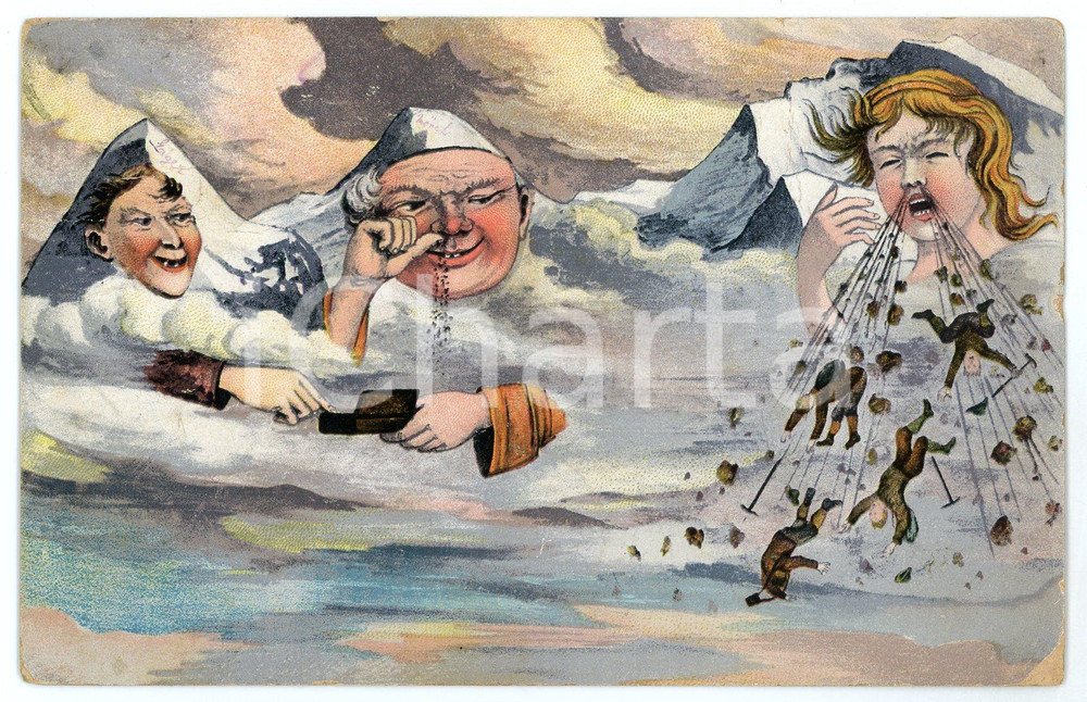 1910 SURREALISM - EIGER, MINCH und JUNGFRAU - Metamorphic Mountains *Postcard  Cartolina postale d'epoca, viaggiata. POOR/danneggiato piegature laterali evidenti e francobollo asportato Formato: 14x9 cm originale e autentica 1