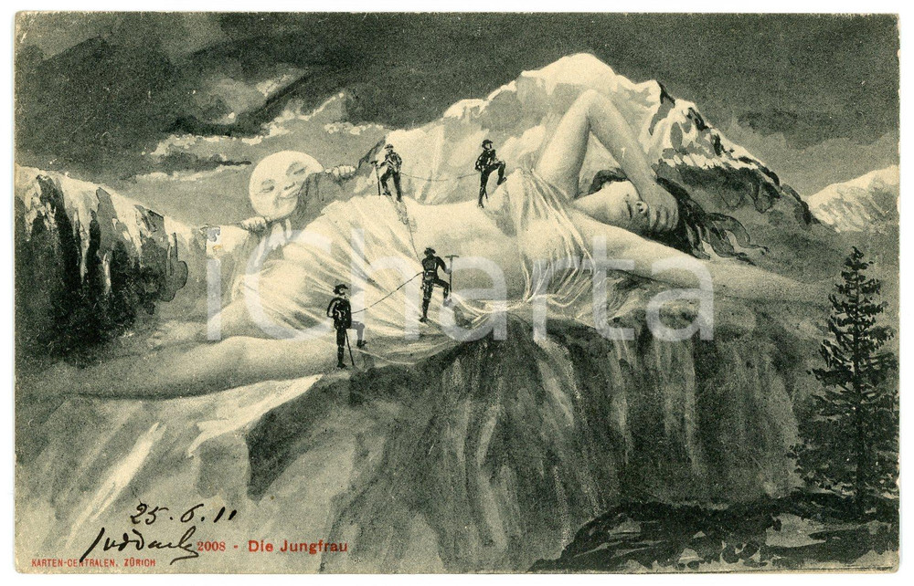 1911 Die JUNGFRAU Surrealism - Metamorphic Mountains - Nude Woman - Men climbing  Cartolina postale d'epoca, viaggiata. FAIR/discreto minime piegature angolari Formato: 14x9 cm originale e autentica 1