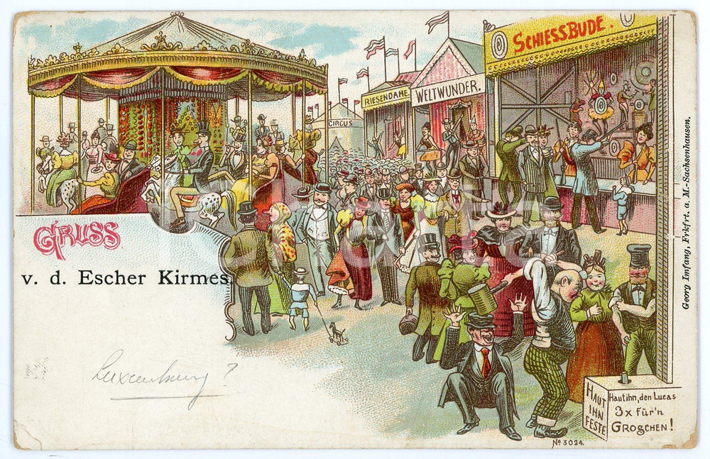 1900 ca GERMANY Escher Kirmes - Rides - Illustrated old postcard  Cartolina postale d'epoca, non viaggiata.EDITORE: Georg Imfang, Frankfurt a. M. GOOD/buono  Formato: 14x9 cm originale e autentica 1