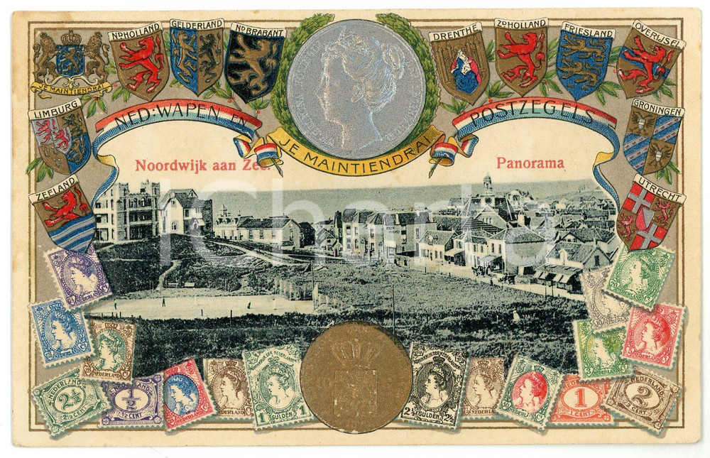 1907 NOORDWIJK AAN ZEE Panorama - Embossed postcard "Je Maintiendrai" motto  Cartolina postale d'epoca, viaggiata. GOOD/buono  Formato: 14x9 cm originale e autentica 1