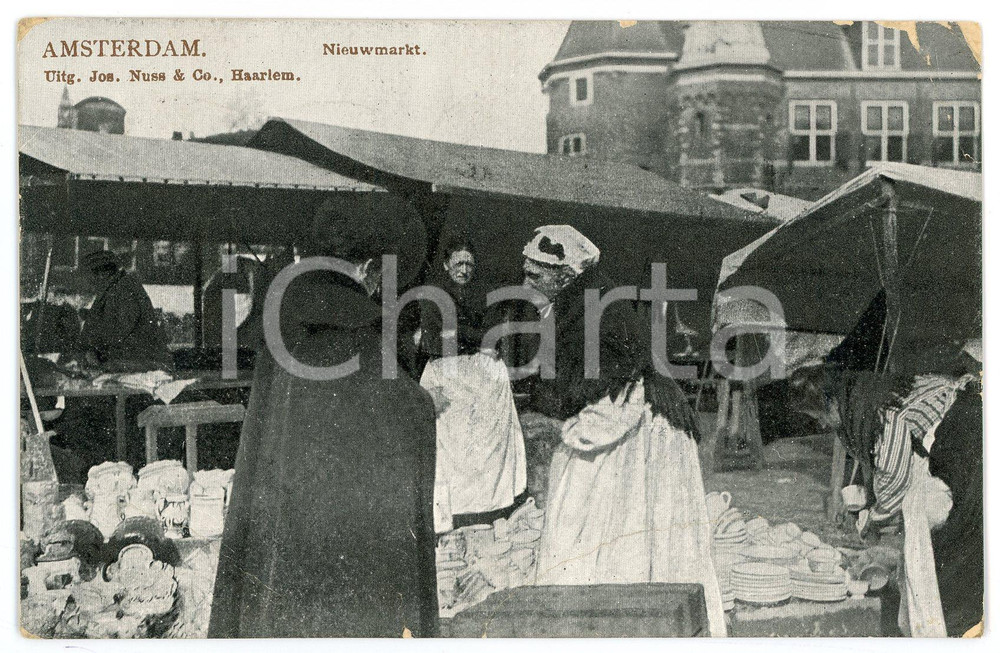 1913 AMSTERDAM - NETHERLANDS Nieuwmarkt - Postcard FP VG  Cartolina d'epoca, viaggiata. POOR/danneggiato Lievi smussature agli angoli, profonda piegatura al margine inferiore Formato: FP originale e autentica 1