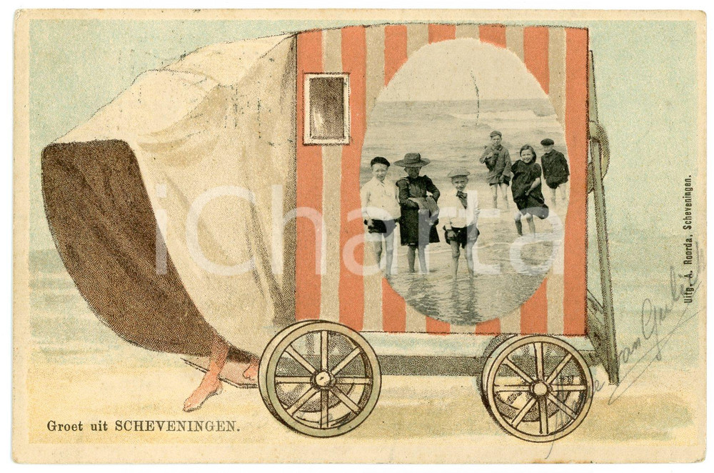 1904 SCHEVENINGEN (HOLLAND) Children - Beach cabana - Old postcard  Cartolina postale d'epoca, viaggiata. GOOD/buono  Formato: 14x9 cm originale e autentica 1