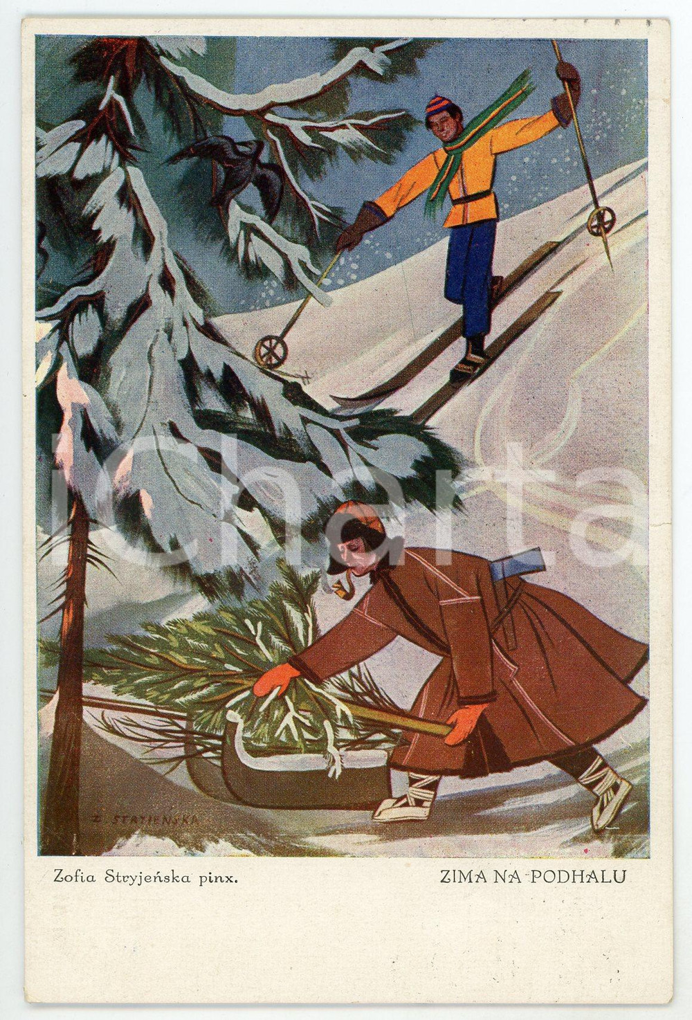 1930 ca PODHALE - POLSKA Zima na podhalu - Artist Zofia STRYJENSKA Postcard FP  Cartolina d'epoca, viaggiata. FAIR/discreto Lievi smussature agli angoli Formato: FP originale e autentica 1