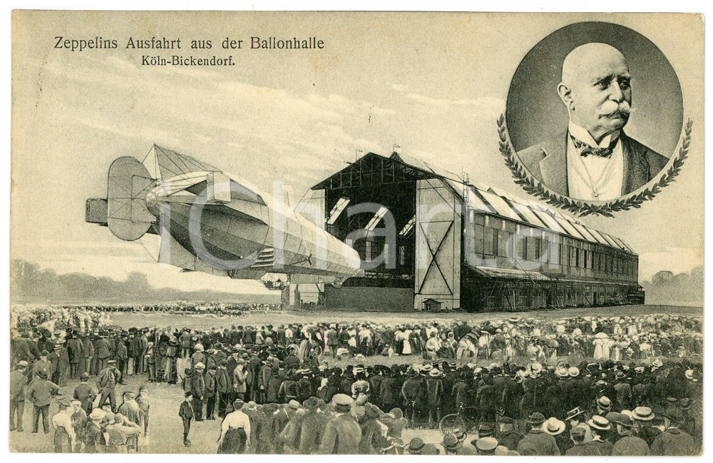 1909 KOLN - BICKENDORF Zeppelins ausfahrt aus der ballonhalle - Postcard FP VG  Cartolina d'epoca, viaggiata. VERY POOR/gravemente danneggiato Lievi smussature agli angoli, profonda piegatura all'angolo superiore destro Formato: FP originale e autentica 1