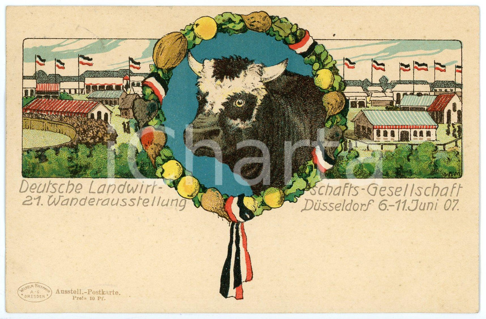 1907 DUSSELDORF Landwirtschaft-Gesellschaft - 21Â° Wanderausstellung - Postcard  Cartolina d'epoca, viaggiata.  FAIR/discreto Lievi smussature agli angoli FORMATO: FP originale e autentica 1