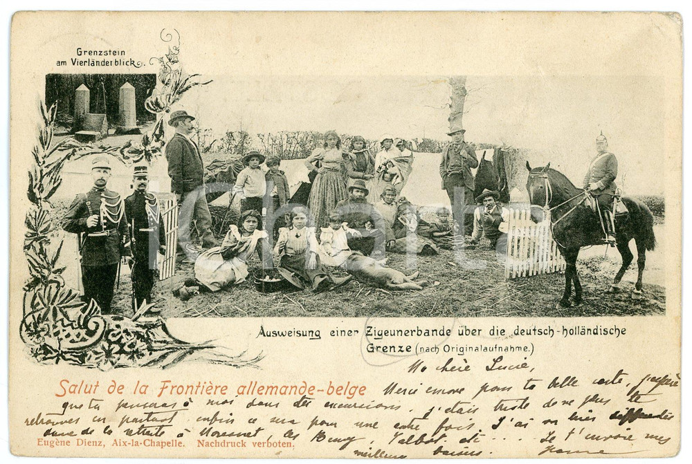 1900 Frontière Allemande-Belge - Zigeunerbande - Gypsies *RARE Postcard  Cartolina postale d'epoca, viaggiata.CONDIZIONI: P (ampia piegatura all'angolo superiore destro) FORMATO: FP    originale e autentica 1