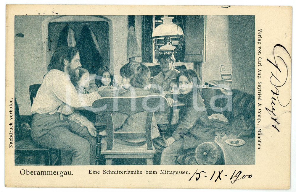 1900 OBERAMMERGAU Eine Schnitzerfamilie beim Mittagessen - Postcard FP VG  Cartolina postale d'epoca, viaggiata. FAIR/discreto Lievi smussature agli angoli Formato: FP originale e autentica 1