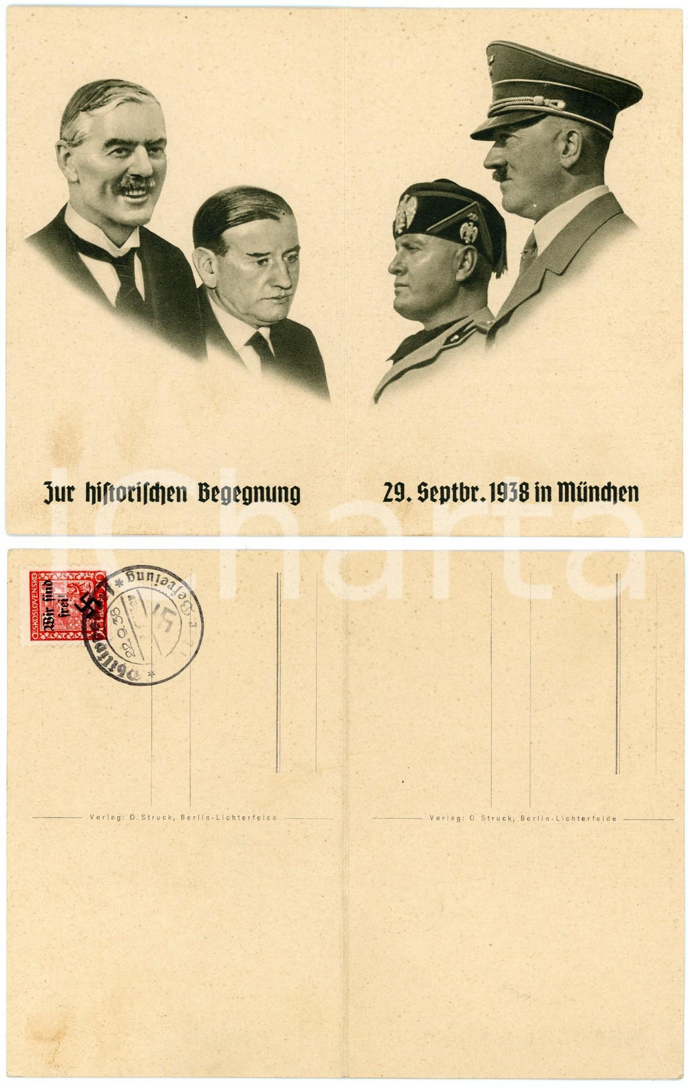 1938 MUNICH AGREEMENT Chamberlain -Daladier -Hitler - Mussolini *Double postcard Cartolina postale doppia, realizzata dalla Germania nazista a scopo commemorativo degli Accordi di Monaco.Al verso &egrave; presente un francobollo cecoslovacco con l'annullo tedesco.CONDIZIONI: G     originale e autentica 1