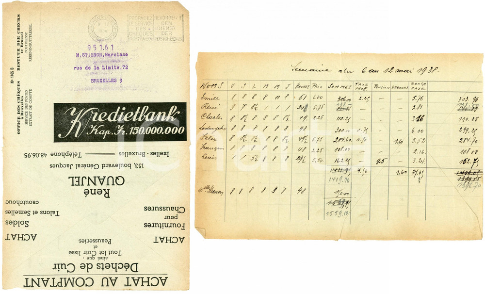 1938 BRUXELLES René QUANJEL Achat cuir - fournitures *Envelope adv KREDIETBANK Busta intestata, aperta, con stampa pubblicitaria; scritta a mano all'interno.Viaggiata.CONDIZIONI: F (piegature d'epoca)      originale e autentica 1