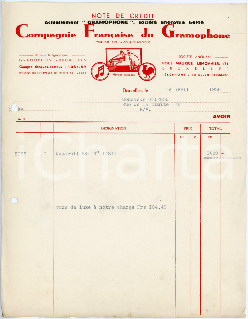 Documento originale, autentico 1938 BRUXELLES Compagnie FranÃ§aise du Grammophone  Note de crÃ©dit / Letterhead 1