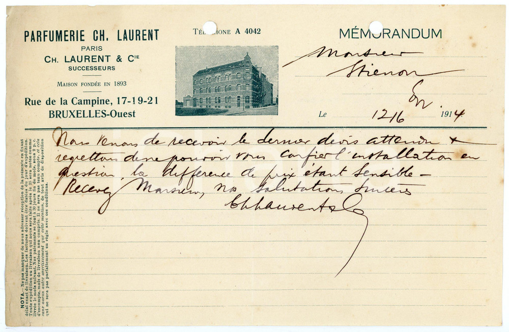 1914 BRUXELLES Parfumerie Ch. LAURENT PARIS - Memorandum / Letterhead Memorandum su carta intestata illustrata.CONDIZIONI: F (fori da classificatore al lato superiore)PAGINE: 1      originale e autentica 1
