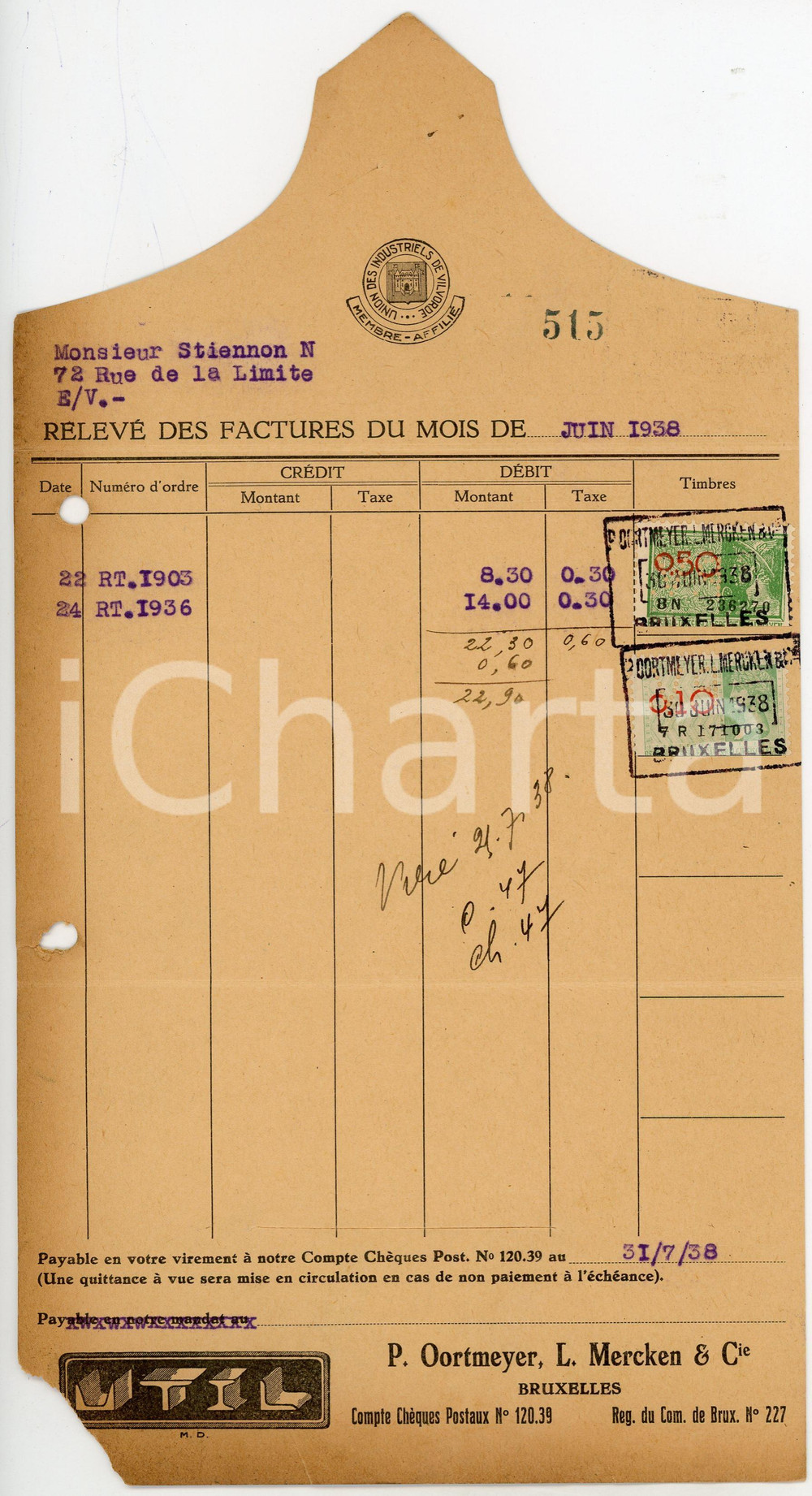 1938 BRUXELLES P. OORTMEYER, L. MERCKEN - Relevé des factures - Circulé Dichiarazione di fatturazione, con bollo, viaggiata.CONDIZIONI: F (piegature d'epoca, fori da classificatore)      originale e autentica 1