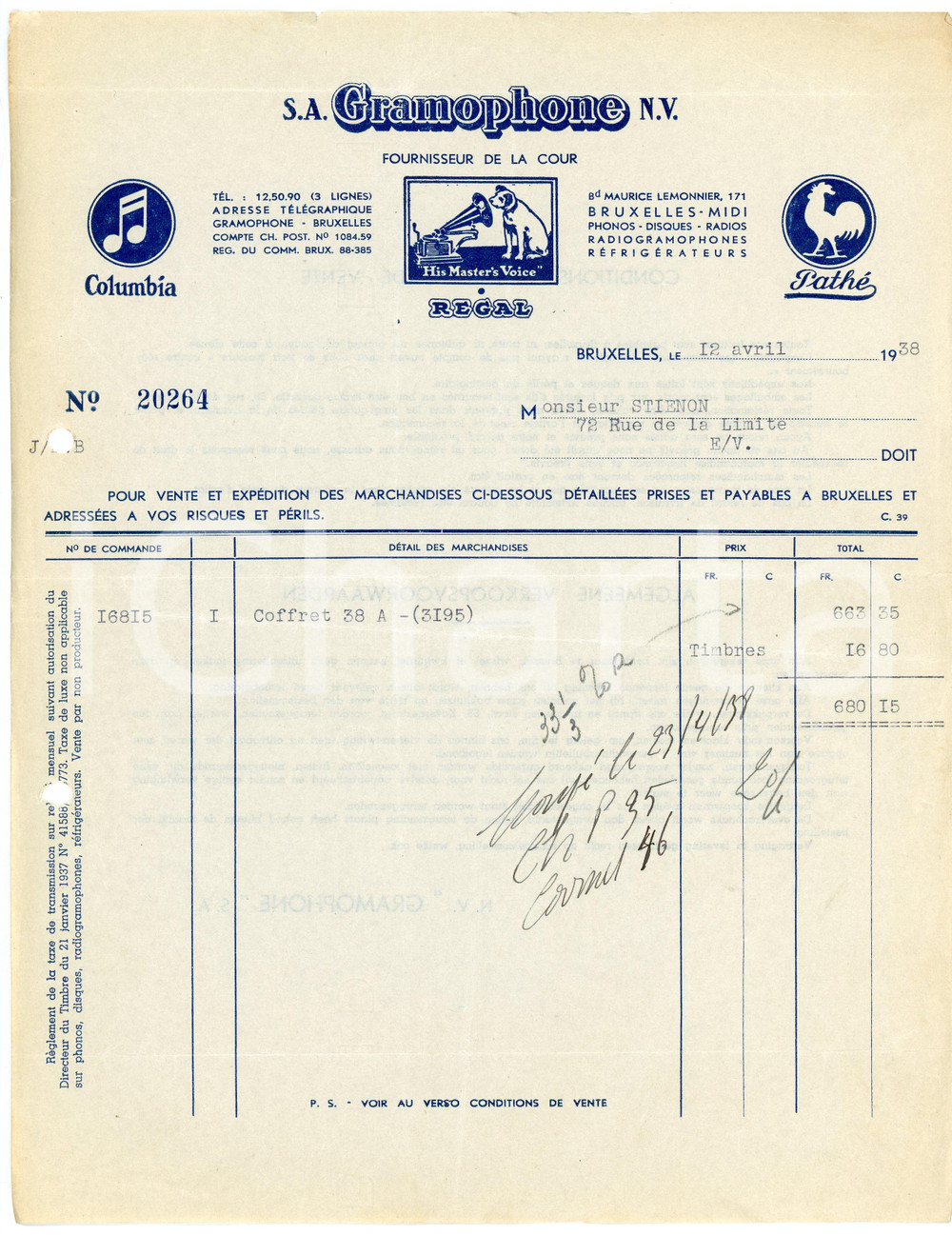 1938 BRUXELLES S. A. GRAMOPHONE - Facture / Letterhead COLUMBIA - PATHE' (1) Fattura d'epoca, su carta intestata.CONDIZIONI: F (fori da classificatore al lato sinistro e piegature d'epoca)PAGINE: 1      originale e autentica 1