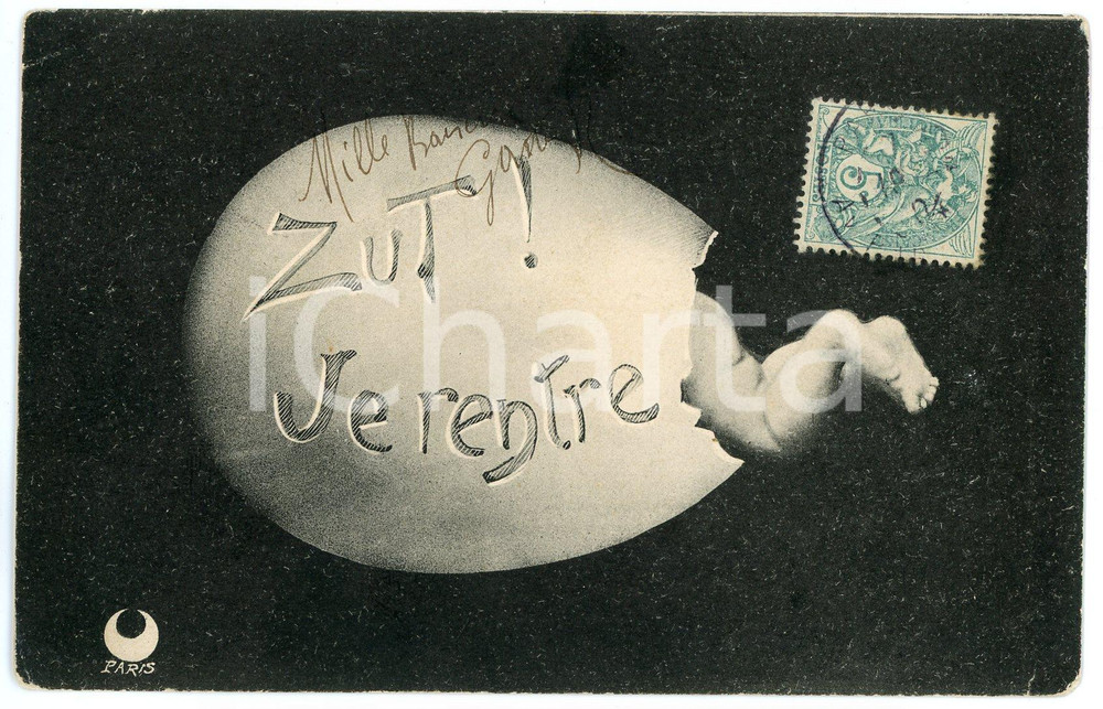 1904 LE TOUR DU MONDE DANS UN OEUF - Zut! Je rentre - Carte postale n°2  Cartolina postale d'epoca, viaggiata.CONDIZIONI: F (piegatura angolare)FORMATO: FP    originale e autentica 1
