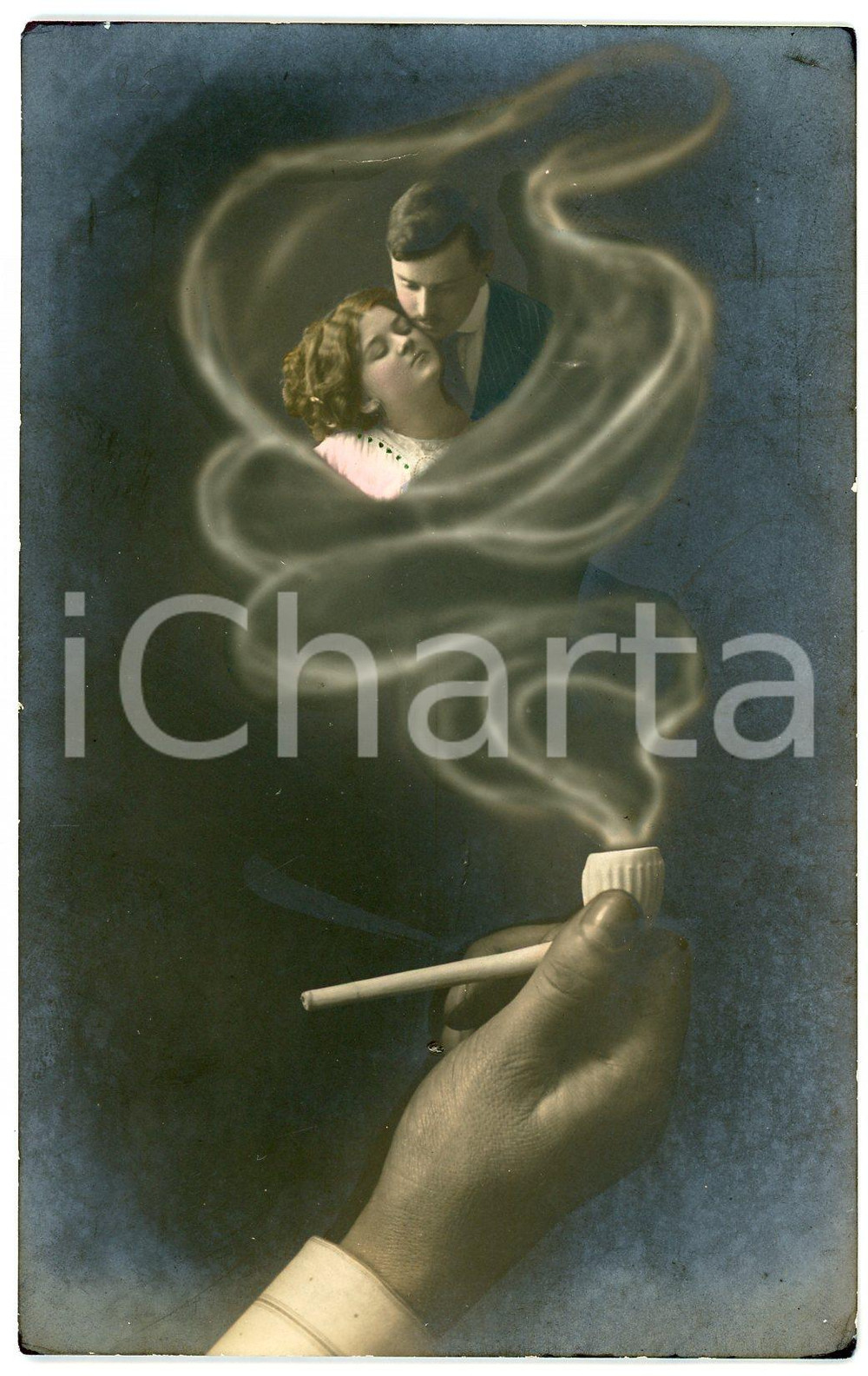 1912 LOVERS The memory of the beloved in the smoke of a pipe - Postcard FP VG  Cartolina postale d'epoca, viaggiata.CONDIZIONI: FAIRFORMATO: FP    originale e autentica 1