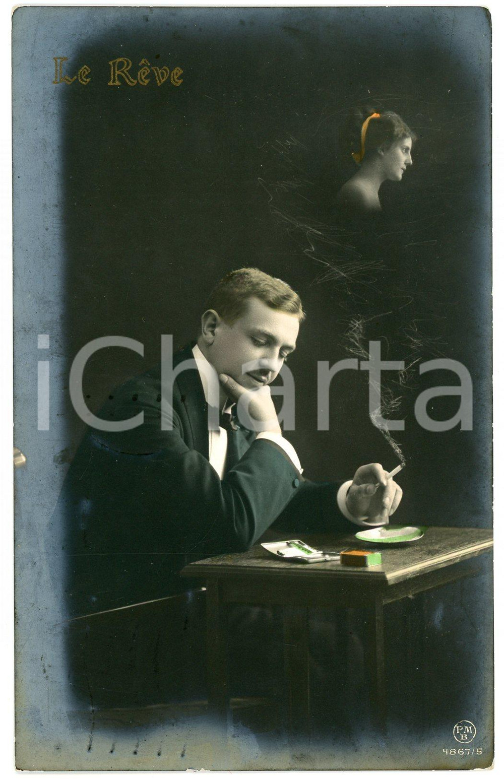1912 LOVERS  - LA RÊVE Memory of the beloved in smoke of a cigarette - Postcard  Cartolina postale d'epoca, viaggiata.CONDIZIONI: FAIRFORMATO: FP    originale e autentica 1