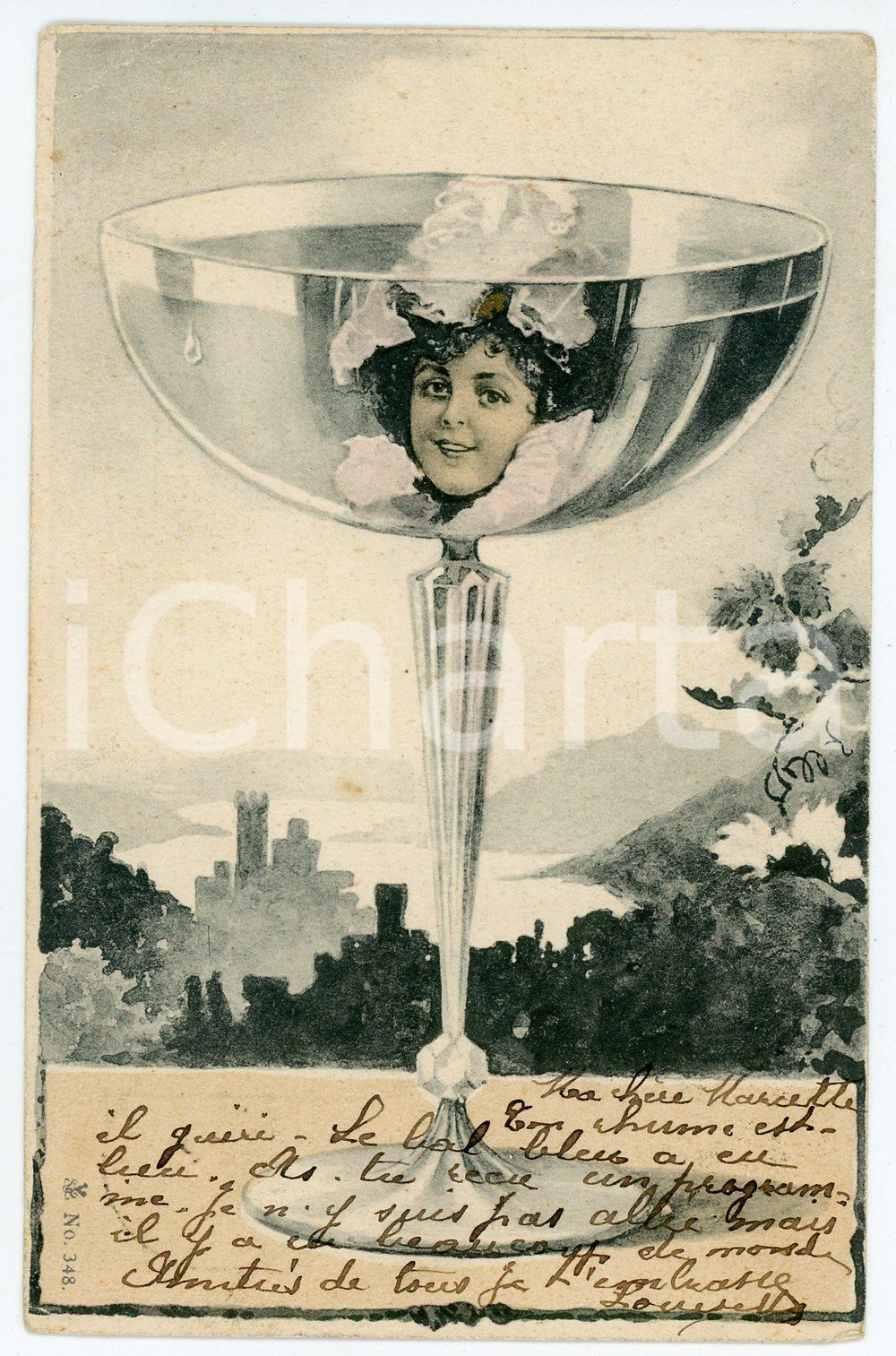 1908 HUMOUR Femme dans une coupe de champagne - Carte postale ILLUSTRÉE FP VG  Cartolina postale d'epoca, viaggiata.CONDIZIONI: FAIR (PIEGATURE ALL'ANGOLO SUPERIORE SINISTRO)FORMATO: FP    originale e autentica 1