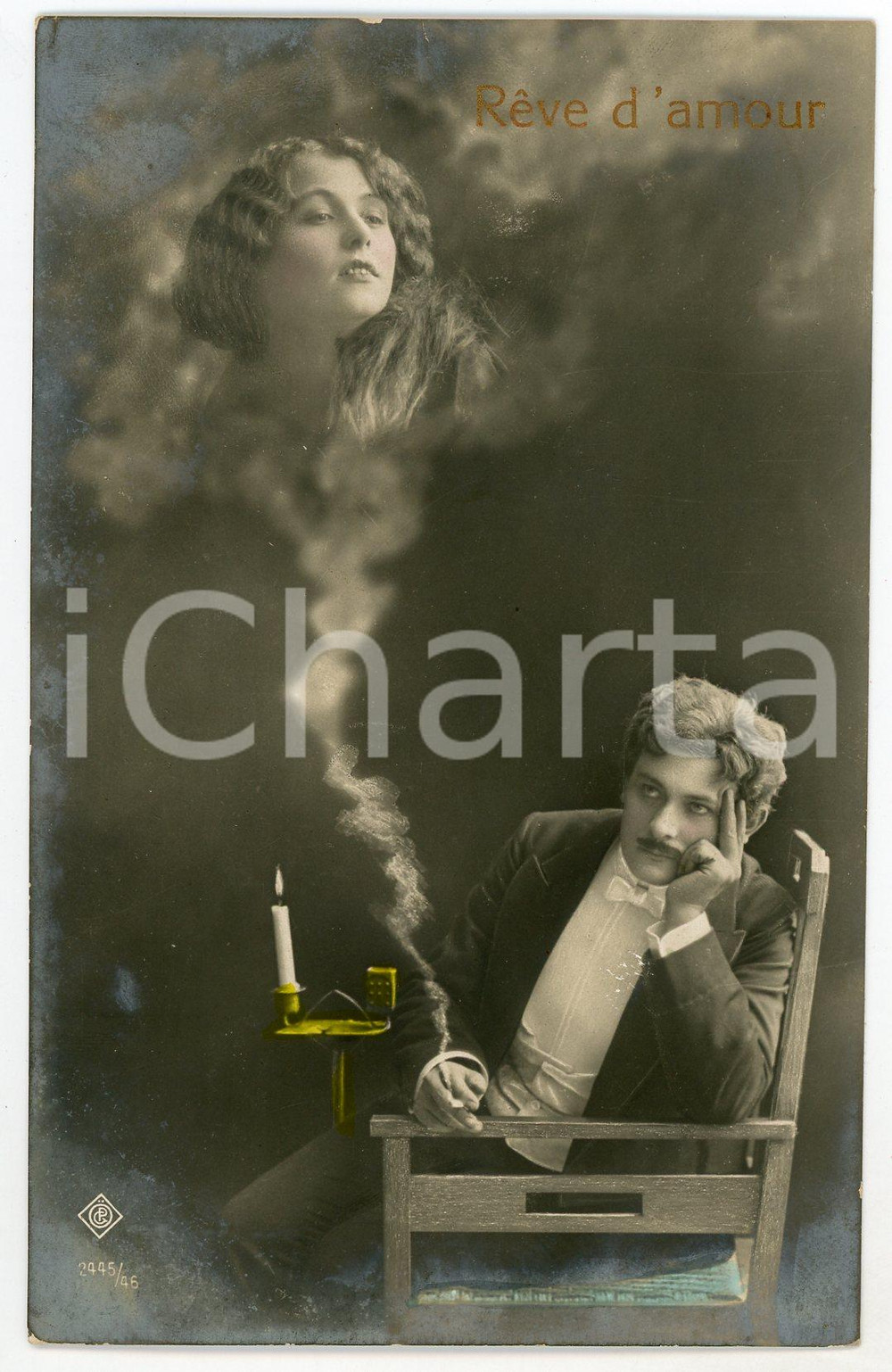 1911 LOVERS - RÊVE D'AMOUR Memory of the beloved in smoke of cigarette POSTCARD  Cartolina postale d'epoca, viaggiata.CONDIZIONI: FAIRFORMATO: FP    originale e autentica 1
