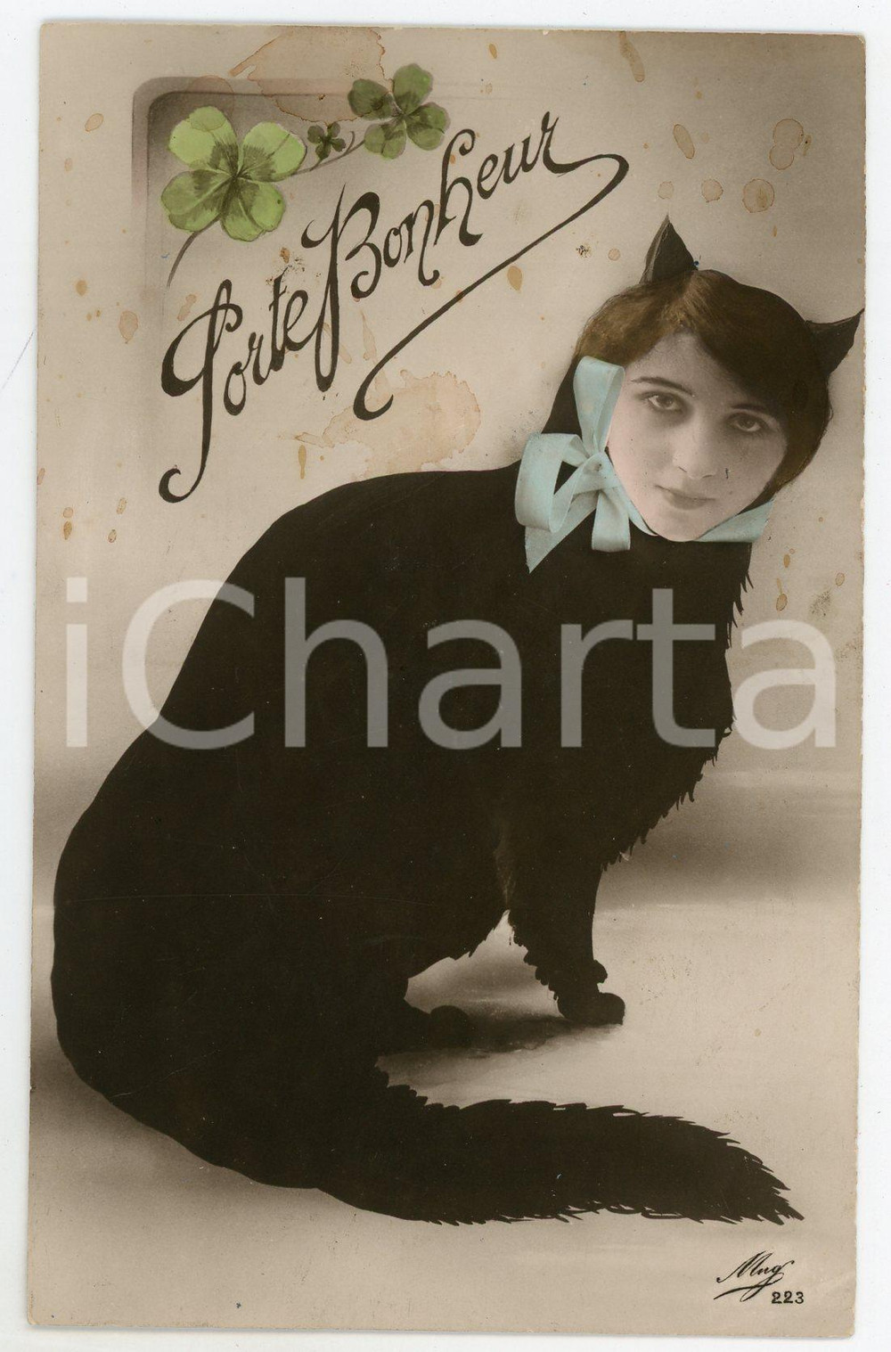 1910 ca PORTE BONHEUR Chat avec tête de femme - Carte postale FP NV  Cartolina postale d'epoca, non viaggiata.CONDIZIONI: FAIR (macchie al recto)FORMATO: FP    originale e autentica 1