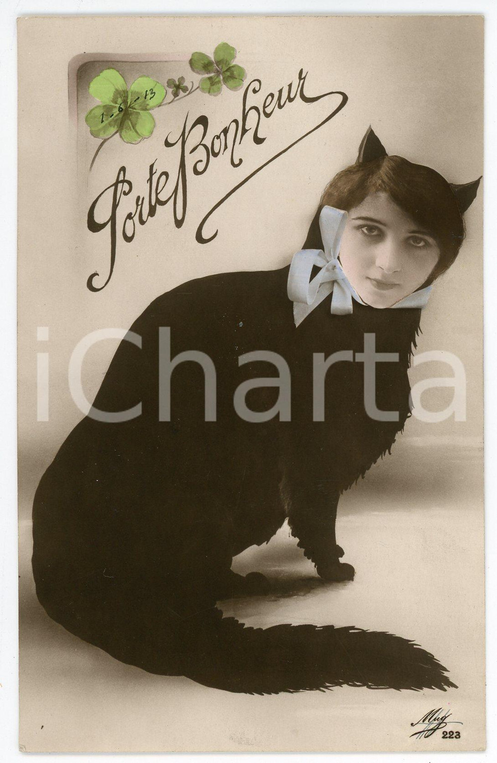 1913 PORTE BONHEUR Chat avec tête de femme - Carte postale (1)  Cartolina postale d'epoca, viaggiata.CONDIZIONI: FAIRFORMATO: FP     originale e autentica 1