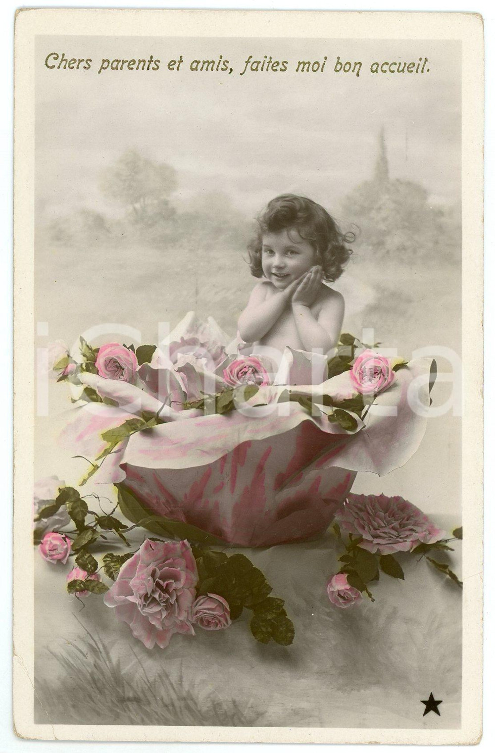 1910 ca  CHILDREN Chers parents at amis, faites moi bon accueil - Postcard Cartolina postale d'epoca, non viaggiata.CONDIZIONI: F (piegatura angolare)FORMATO: FP    originale e autentica 1