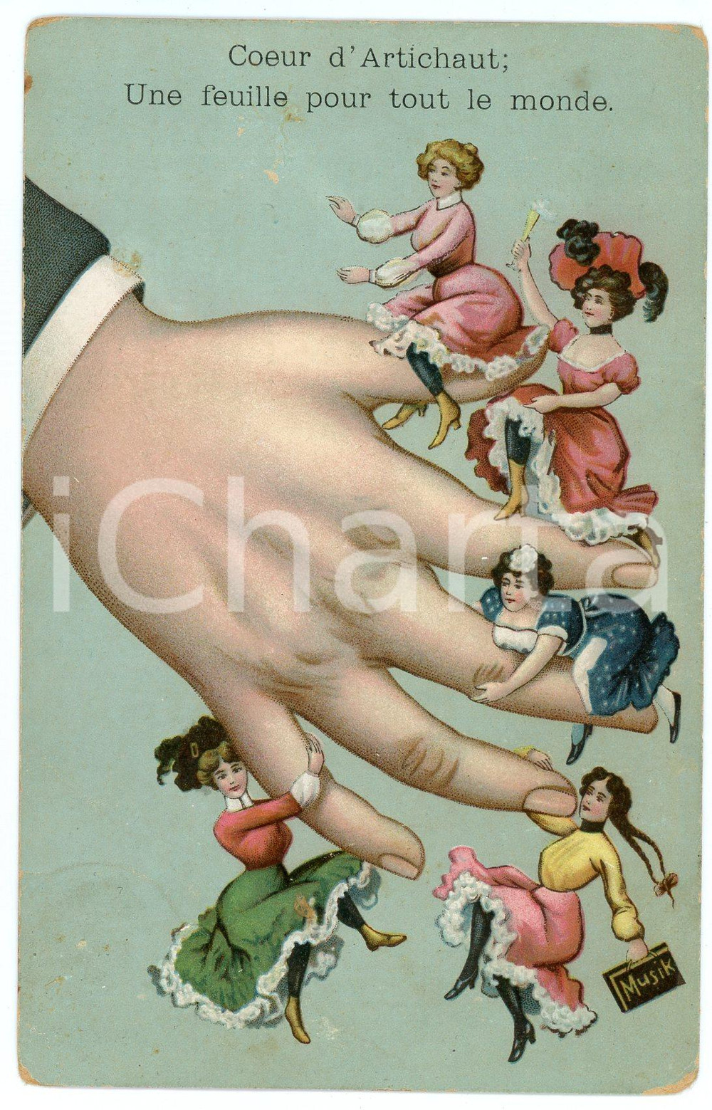 1910 ca HUMOUR Coeur d'artichaut Une feuille pour tout le monde - Carte postale  Cartolina postale d'epoca, viaggiata ma con affrancatura rimossa.CONDIZIONI: FAIR (smussature e sbrecciature agli angoli)FORMATO: FP    originale e autentica 1