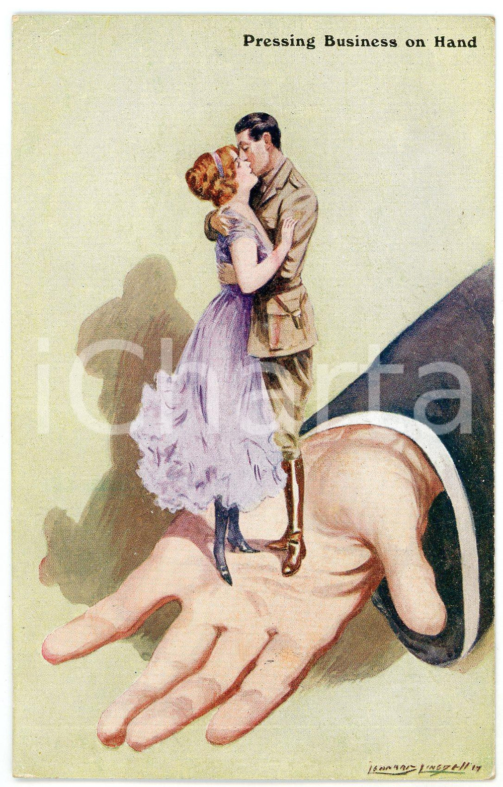 1918 LOVERS Pressing business on hand - Vintage Postcard FP NV  Cartolina postale d'epoca, non viaggiata ma con nota manoscritta al verso.CONDIZIONI: FAIR (piegatura all'angolo superiore sinistro)FORMATO: FP    originale e autentica 1