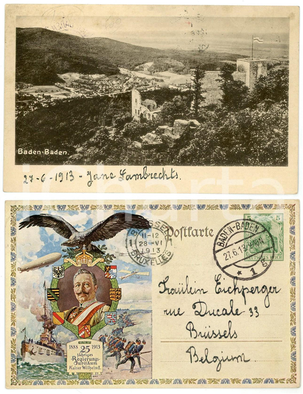 1913 BADEN BADEN Wilhelm II - 25 jahre regierungs jubiläum des kaisers Postcard  Cartolina postale d'epoca, viaggiata. FAIR/discreto Lievi smussature agli angoli Formato: 14X9 cm originale e autentica 1