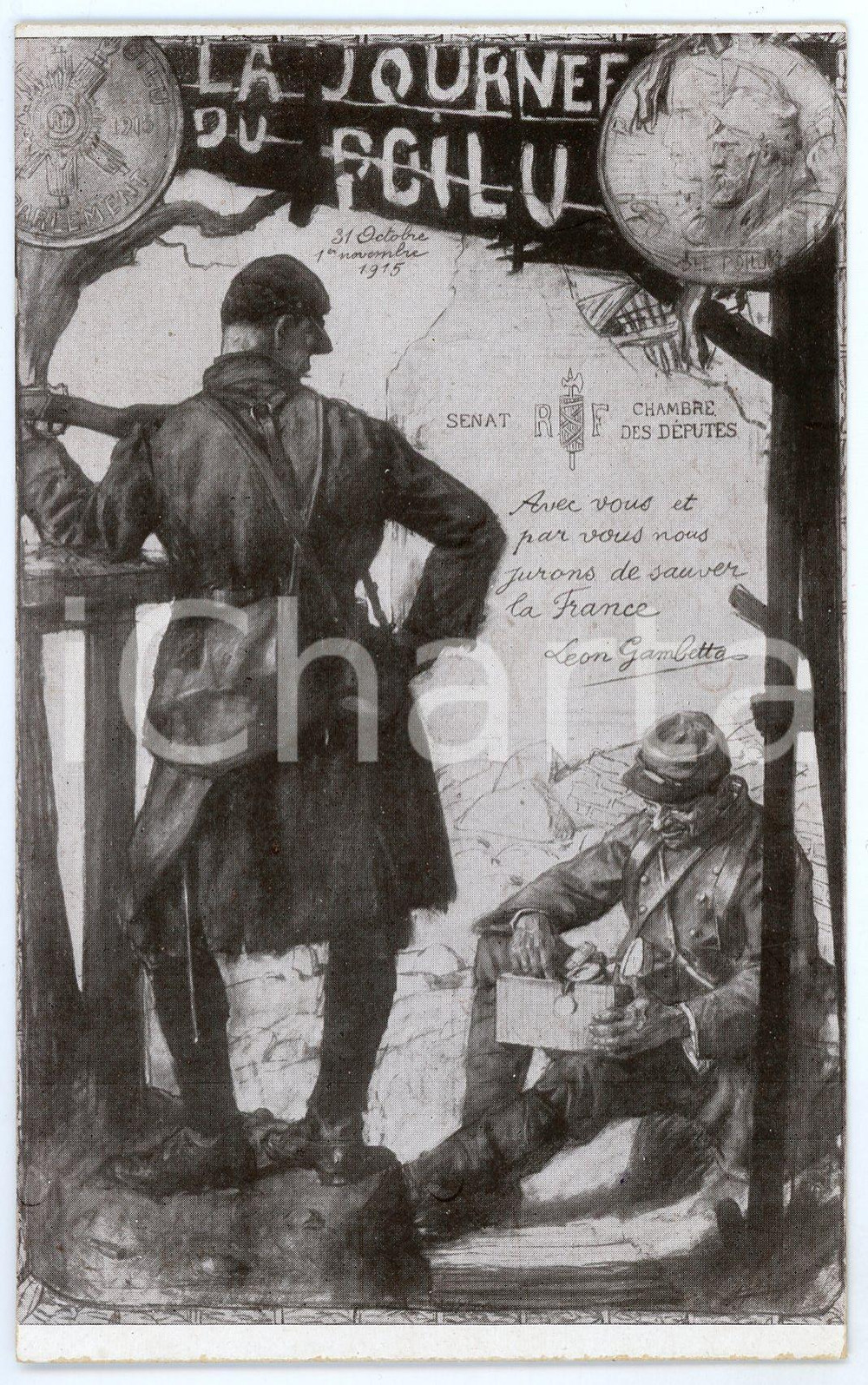 1915 WW1 - FRANCE Journeée du Poilu - Leon GAMBETTA - ILLUSTRATED Postcard FP NV  Cartolina postale d'epoca, non viaggiata. FAIR/discreto Lievi smussature agli angoli Formato: FP originale e autentica 1