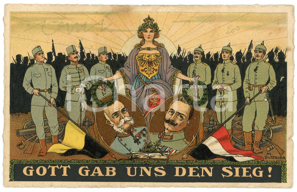 1915 ca WW1 Artist M. DUTZAUER Gott gab uns den sieg - Cartolina ILLUSTRATA FP Cartolina postale d'epoca, viaggiata.  POOR/danneggiato Lievi smussature agli angoli, bruniture diffuse, piccolo strappo al margine destro Formato: FP originale e autentica 1