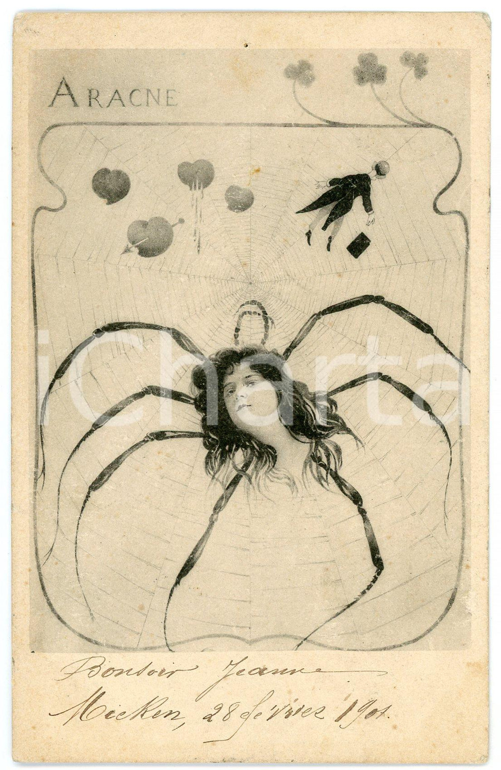 1920 ca LES AMOUREUX Aracne - ANTHROPOMORPHIC Postcard FP VG  Cartolina postale d'epoca, viaggiata.CONDIZIONI: FAIRFORMATO: FP    originale e autentica 1