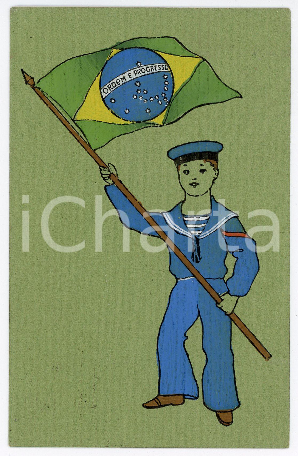 1913 BRAZIL - Child in uniform with the flag of Brazil - Postcard  Cartolina postale d'epoca, viaggiata.CONDIZIONI: GFORMATO: FP    originale e autentica 1