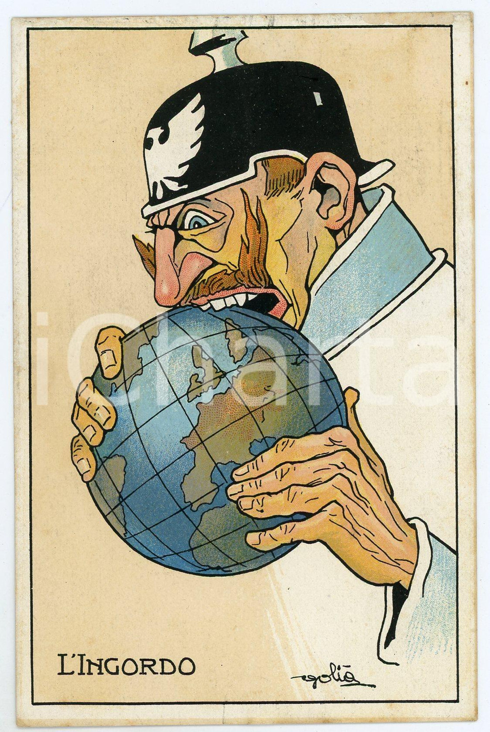 1915 ca WW1 Guglielmo II mangia il mondo - Ill. di GOLIA Eugenio COLMO Cartolina  Cartolina postale d'epoca, non viaggiata.CONDIZIONI: FAIRFORMATO: FP    originale e autentica 1