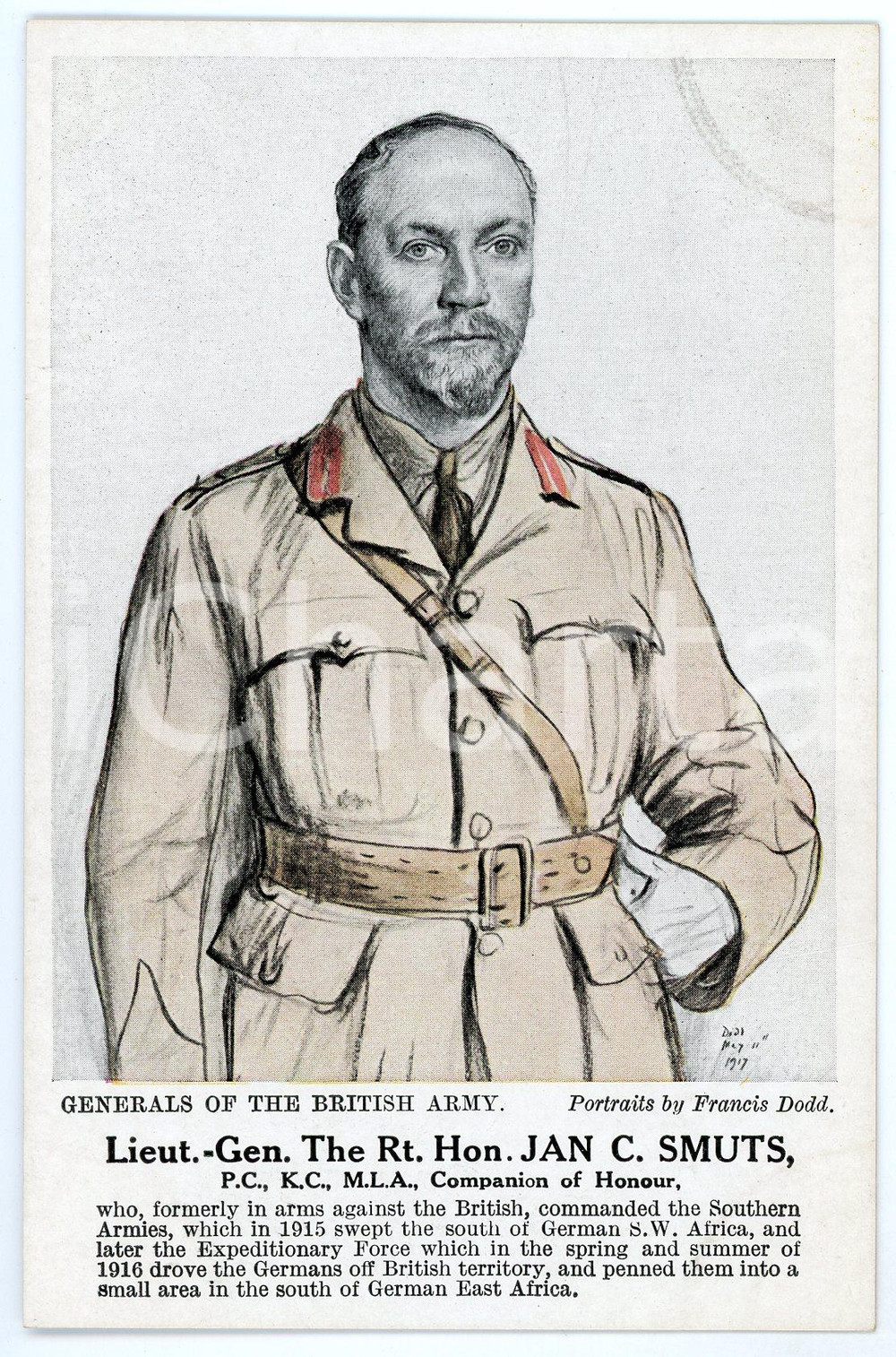 1910 ca Artist Francis DODD - Generals of the British army - Jan C. SMUTS  Cartolina postale d'epoca, non viaggiata.CONDIZIONI: F (lieve macchia circolare all'angolo superiore destro)FORMATO: FP    originale e autentica 1