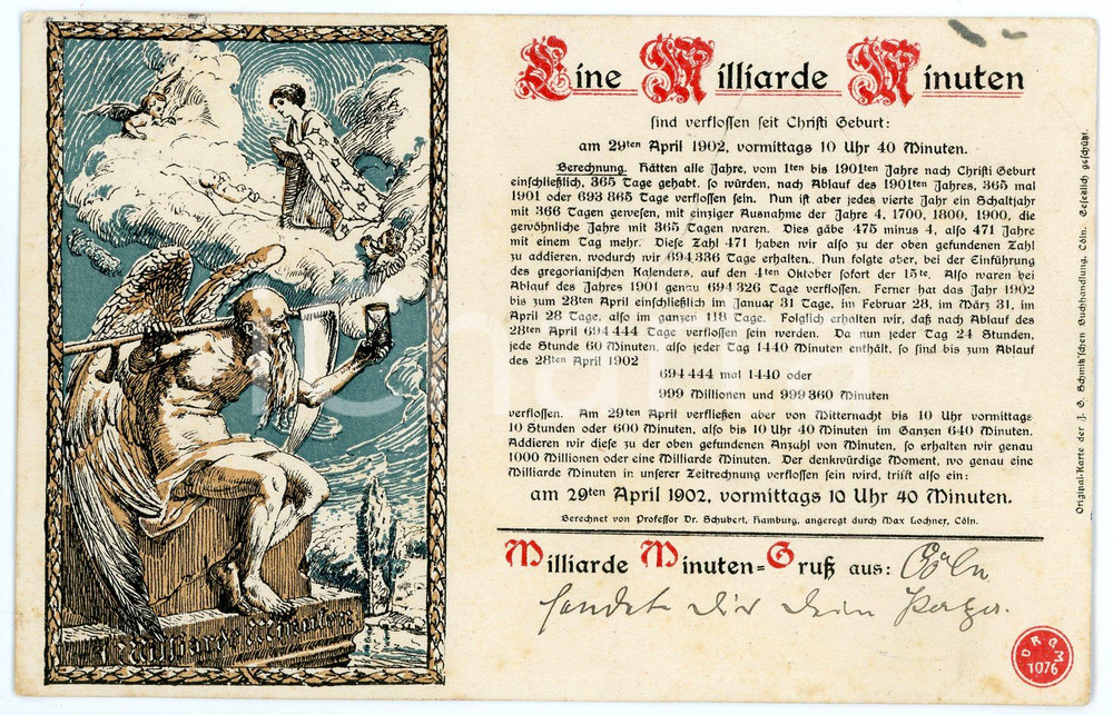 1902 GERMANY Eine Milliarde Minuten - Christi Geburt - ILLUSTRATED Postcard  Cartolina postale d'epoca, viaggiata.CONDIZIONI: G (minima macchia al lato superiore)FORMATO: FP    originale e autentica 1