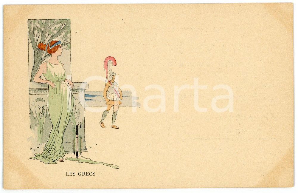 1905 ca ART NOUVEAU Artist Henry MORIN - Les Grecs - Vintage postcard 1  Cartolina postale d'epoca, non viaggiata.CONDIZIONI: G (lievi ingiallimenti angolari)FORMATO: FP    originale e autentica 1