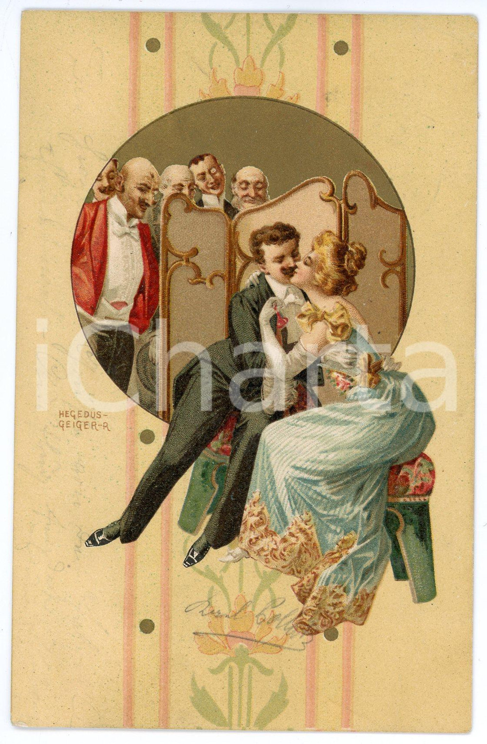 1900 ca Artist R. Hegedus GEIGER Couple kissing but watched - Postcard  Cartolina postale d'epoca, viaggiata.CONDIZIONI: GFORMATO: FP    originale e autentica 1
