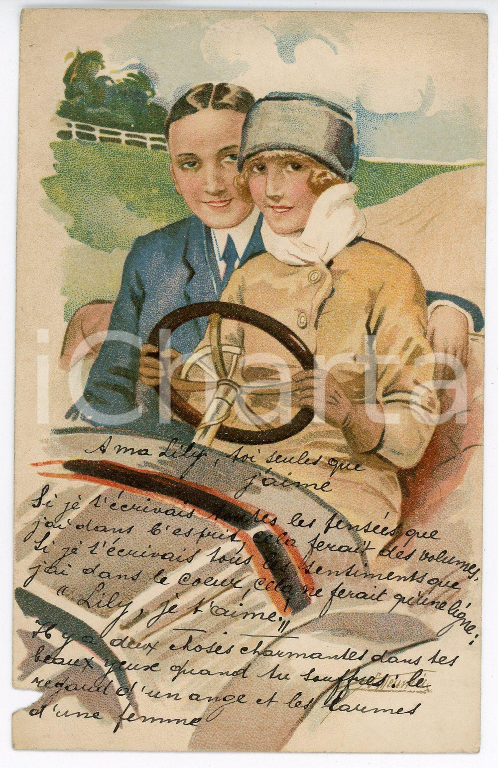 1924 Artist Suzanne MEUNIER Amours, délices et autos - Série 49 n.3 Postcard  Cartolina d'epoca, viaggiata. POOR/danneggiato Mancanza al margine sinistro, smussature agli angoli Formato: FP originale e autentica 1