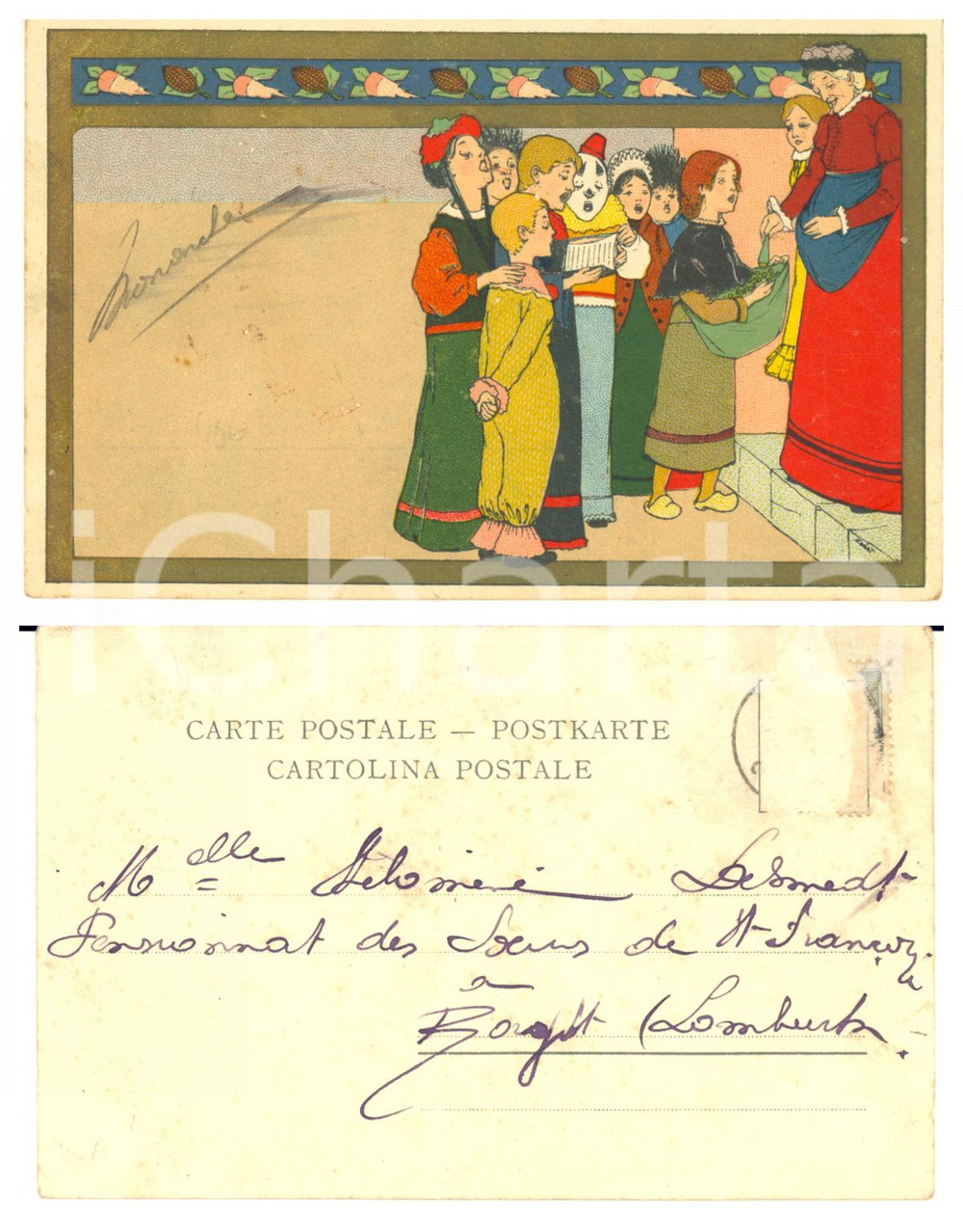 1900 ca BELGIQUE Aumône au chœur - Postcard Lith. O. De Rycker & Mendel  Cartolina postale d'epoca, illustrata, viaggiata (francobollo asportato).CONDIZIONI: P (piegature angolari e abrasione in corrispondenza dell'asportazione del francobollo)FORMATO: FP    originale e autentica 1