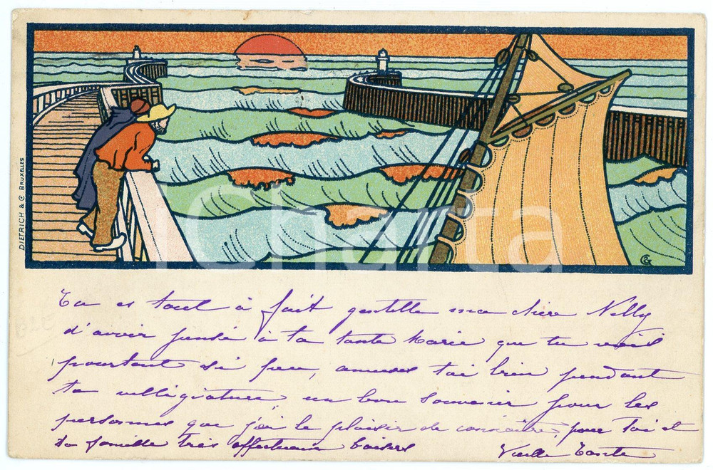 1912 ART NOUVEAU BELGIQUE Gisbert COMBAZ - Marin observe la mer *Postcard  Cartolina postale d'epoca, viaggiata.CONDIZIONI: F (lievi piegature angolari, minima sbrecciatura al lato superiore)FORMATO: FPEDITORE: Dietrich - Bruxelles    originale e autentica 1