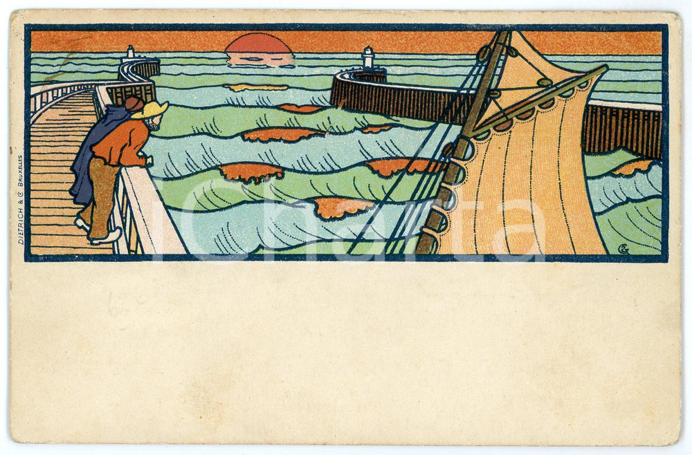 1910 ca ART NOUVEAU BELGIQUE Gisbert COMBAZ - Marin observe la mer *Postcard  Cartolina postale d'epoca, non viaggiata.Scritte a matita al verso.CONDIZIONI: F (piegature angolari, minime abrasioni)FORMATO: FPEDITORE: Dietrich - Bruxelles    originale e autentica 1