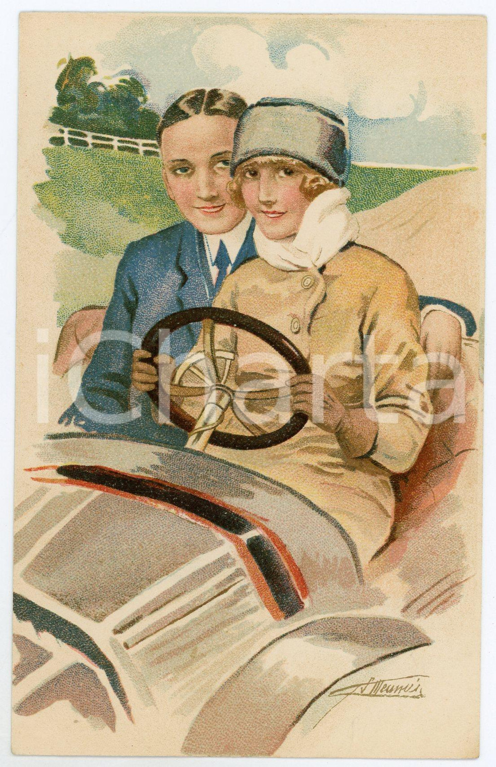 1910 ca Artist Suzanne MEUNIER Amours, délices et autos - Série 49 n.3 Postcard  Cartolina d'epoca, non viaggiata. FAIR/discreto Lieve piegatura all'angolo superiore destro Formato: FP originale e autentica 1
