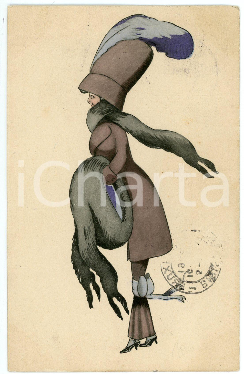 1911 ART NOUVEAU Winter FASHION - Lady with fur muff (2) Illustrated postcard  Cartolina postale d'epoca, illustrata, viaggiata.CONDIZIONI: F (lievi macchie; piccola smussatura angolare)FORMATO: FPEDIZIONE: B.K.W.I. 763-2    originale e autentica 1