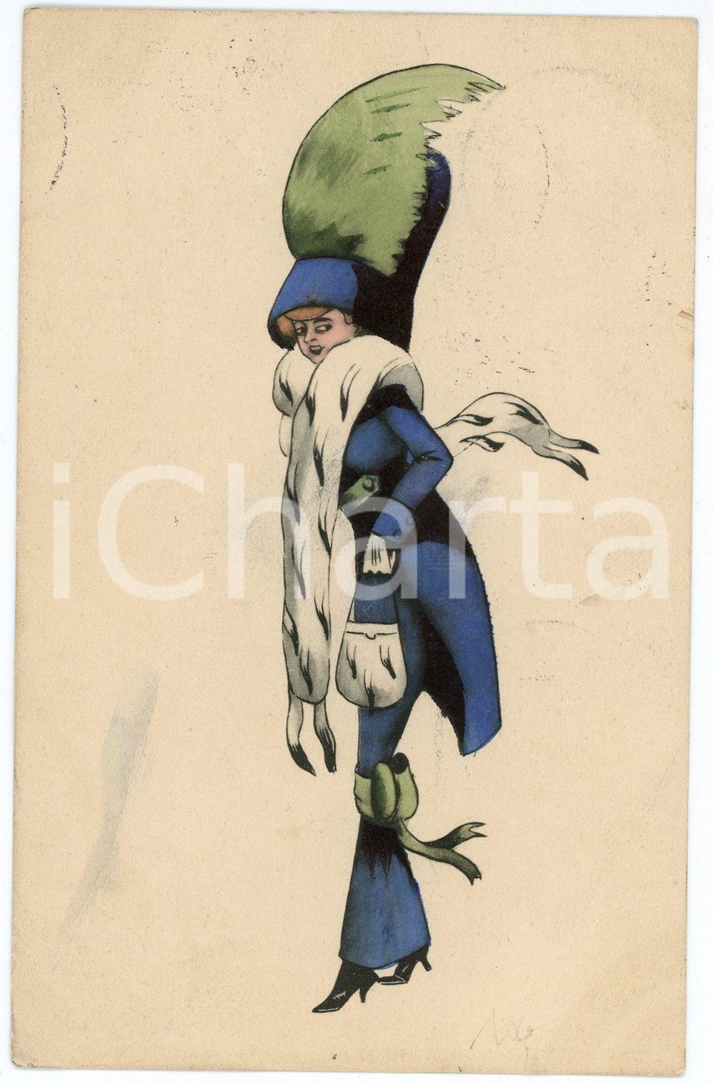 1911 ART NOUVEAU Winter FASHION - Lady with fur scarf (1) Illustrated postcard  Cartolina postale d'epoca, illustrata, viaggiata.CONDIZIONI: P (lievi macchie; piegatura angolare)FORMATO: FPEDIZIONE: B.K.W.I. 763-1    originale e autentica 1