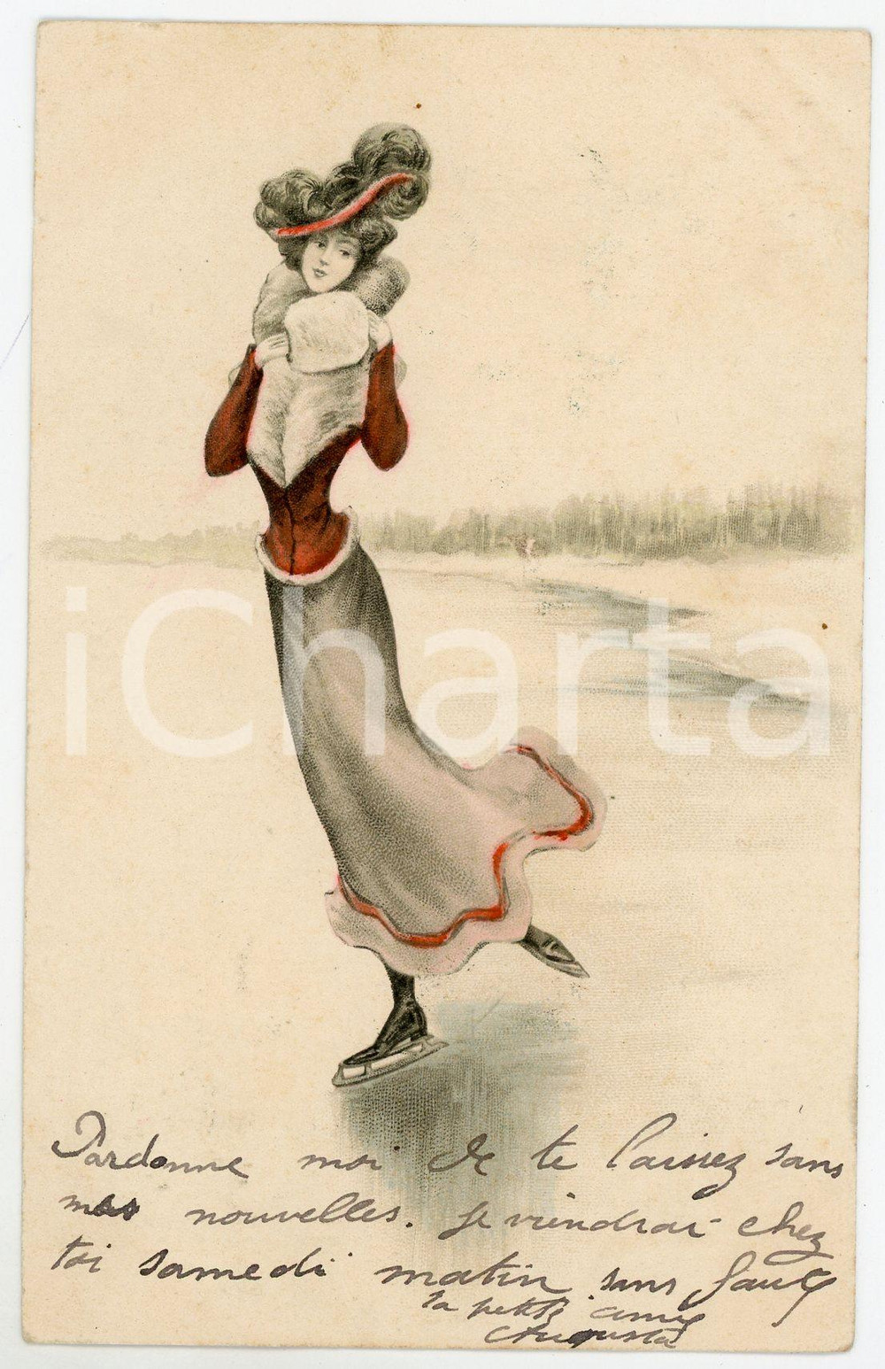 1904 Woman skating on ice - Ilustrated old postcard  Cartolina postale d'epoca, illustrata, viaggiata.CONDIZIONI: GFORMATO: FP    originale e autentica 1