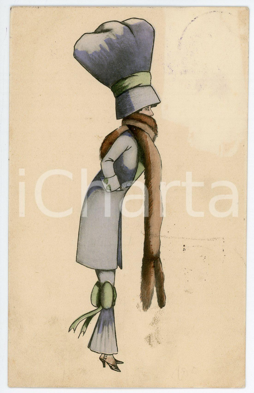 1911 ART NOUVEAU Winter FASHION - Lady with fur scarf (2) Illustrated postcard  Cartolina postale d'epoca, illustrata, viaggiata.CONDIZIONI: F (lievi macchie; minima sbrecciatura angolare)FORMATO: FPEDIZIONE: B.K.W.I. 763-4    originale e autentica 1