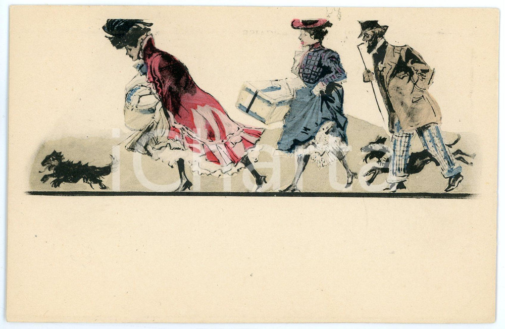 1900 ca HUMOUR Les femmes chassent le petit chien - Carte postale ILLUSTRÉE FP  Cartolina postale d'epoca, non viaggiata.CONDIZIONI: FAIRFORMATO: FP    originale e autentica 1